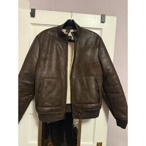 Express Bomber Jacket Mens Size M Brown Sherpa Lined Full Zip Mid-Length